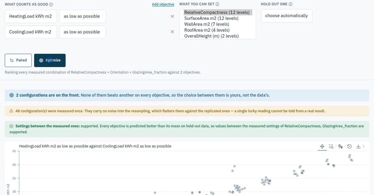 The Optimize pane ranking measured building designs on two objectives