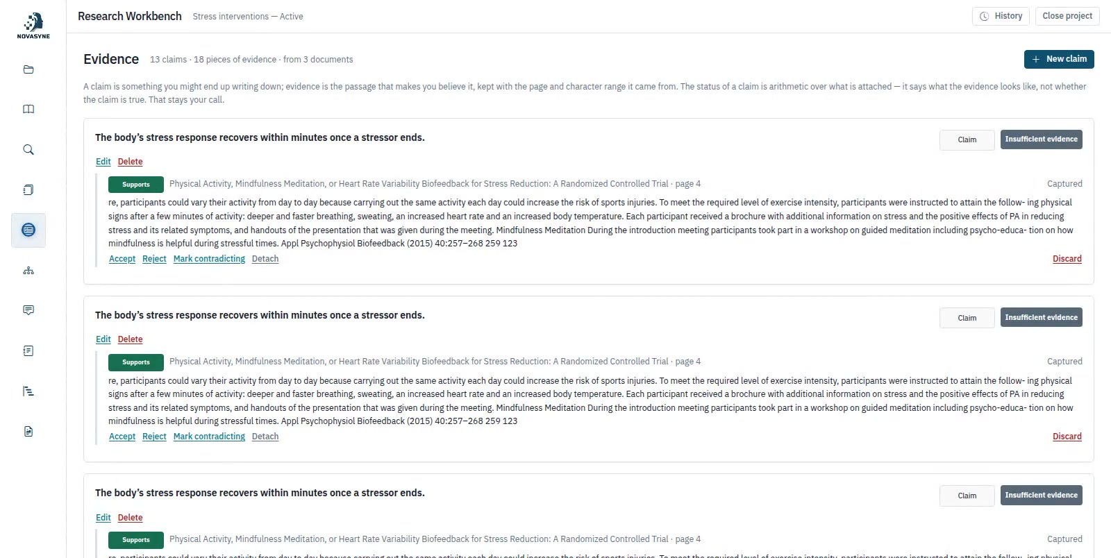 Research Workbench evidence pane showing claims linked to the passages that support or contradict them, each traced to a page
